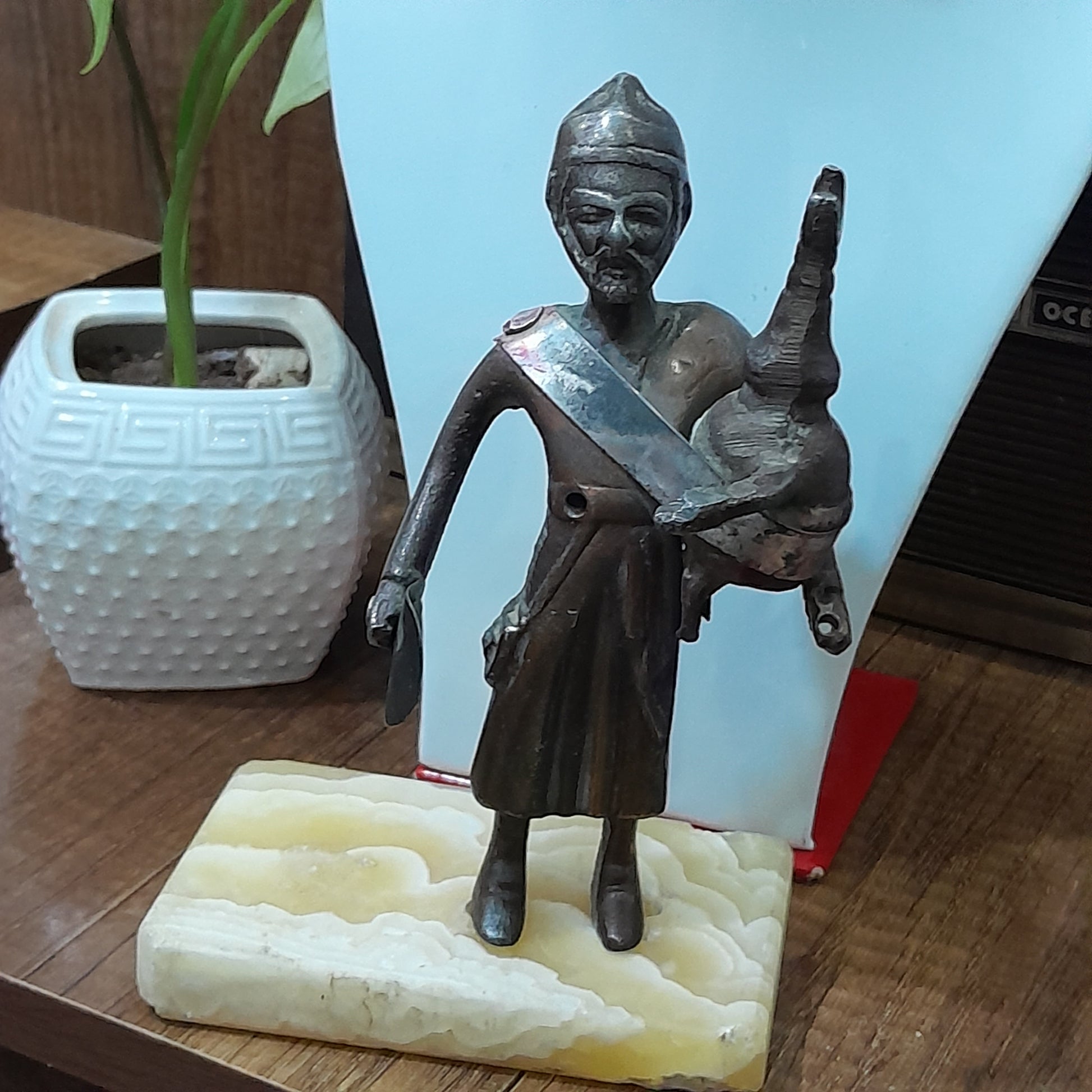 Vintage Handmade Metal Statue, Middle East Asian Man on stone base 15cm